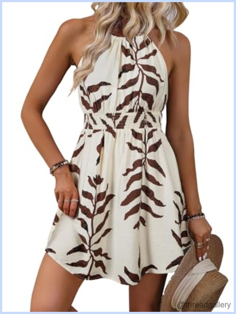 Womens Halter Neck Floral Smocked A-Line Mini Dress with Pockets
